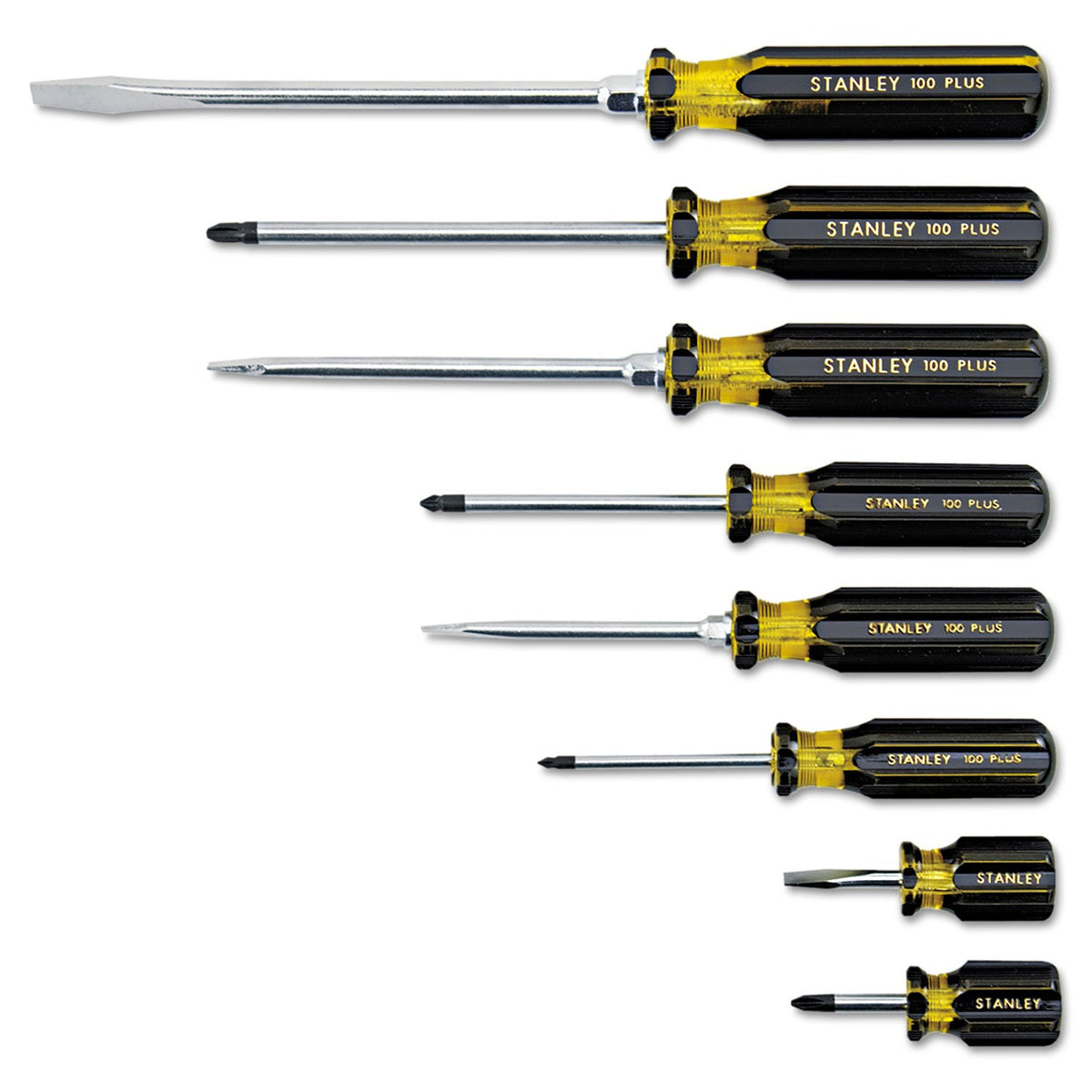 8-Piece 100 Plus Screwdriver Set by STANLEY – 18.7"L x 4.5"W x 3.7"H, Metal, Black/Yellow, Pack of 8, Model 66-158