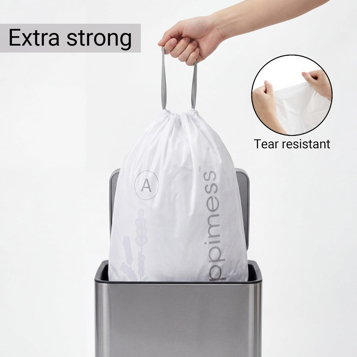 20-Count Lavender 8 Gal Drawstring Trash Bags by happimess – 60 Count (Pack of 1), 8.0 gallons, Medium Density Polyethylene, White (Lavender Scented), Model HPM3101A-WHITE