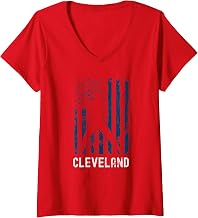 Womens Cleveland American Flag Baseball Weathered V-Neck T-Shirt