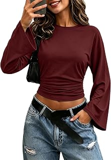 Womens Cinched Waist Cropped Tops Bell Long Sleeve T-Shirt