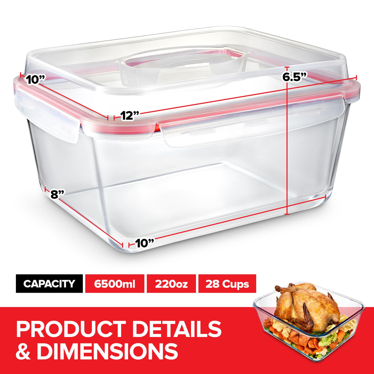28 Cup Extra Large Rectangular Glass Food Storage Container with Lid by Stock Your Home – 220.0 fluid_ounces, te Glass, Transparent, Model 3695