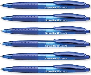 Schneider Suprimo Ballpoint Pen with Rubber Grip & Medium Tip, Blue 6 Pack | Retractable, Refillable, Smooth Everyday Writing, Waterproof ISO-Certified Ink, Document Proof, Ideal for Office, Work, Home