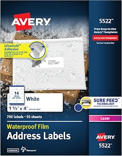Avery Durable Waterproof Address Labels with Sure Feed Technology, 1-1/3" x 4", White, Laser Printer Compatible, 700 Blank Labels per Pack, Great for Mailing, Branding, and More (5-Pack of 5522)