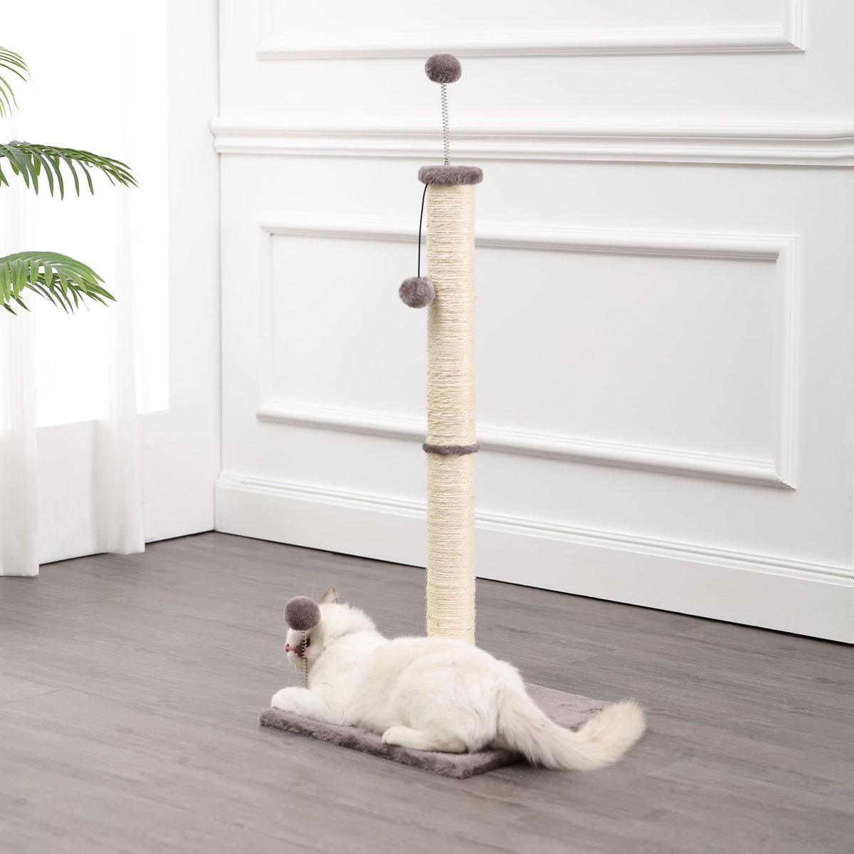 Rylie 38" Farmhouse Sisal Pillar Cat Scratching Post with Fuzzy Toys and Spring Balls by THE LICKER STORE – Plush/Sisal Rope, Gray/Cream, Model CTR1010A