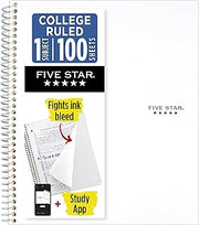 Five Star Spiral Notebook + Study App, 1 Subject, College Ruled Paper, 8-1/2" x 11", 100 Sheets, Fights Ink Bleed, Water Resistant Cover, White (72456)