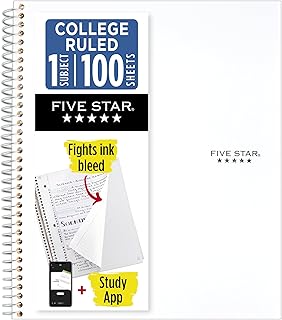 Five Star Spiral Notebook + Study App, 1 Subject, College Ruled Paper, 8-1/2" x 11", 100 Sheets, Fights Ink Bleed, Water Resistant Cover, White (72456)