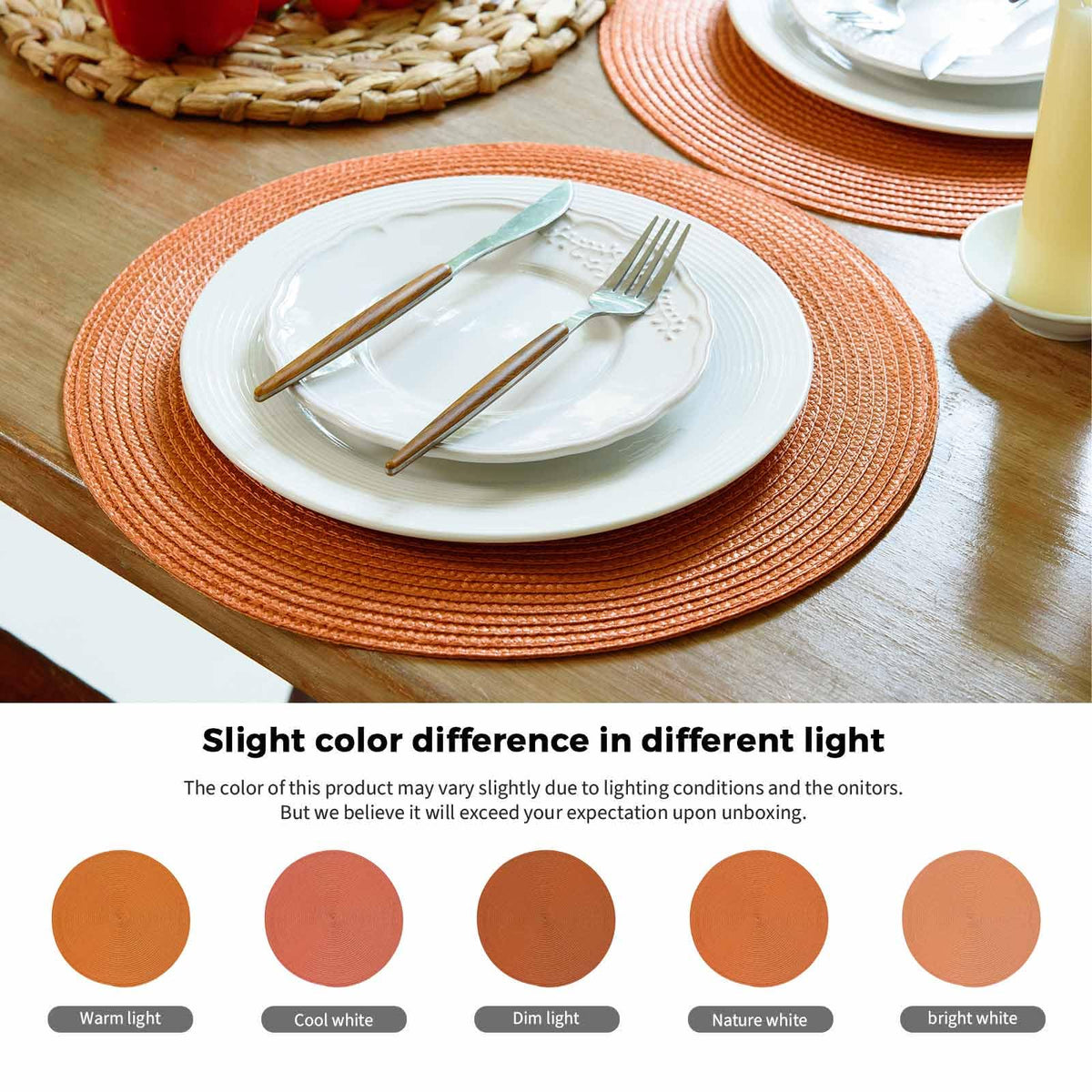 FunWheat Round Braided Placemats, 15 Inch Diameter, Set of 6, Pumpkin Orange