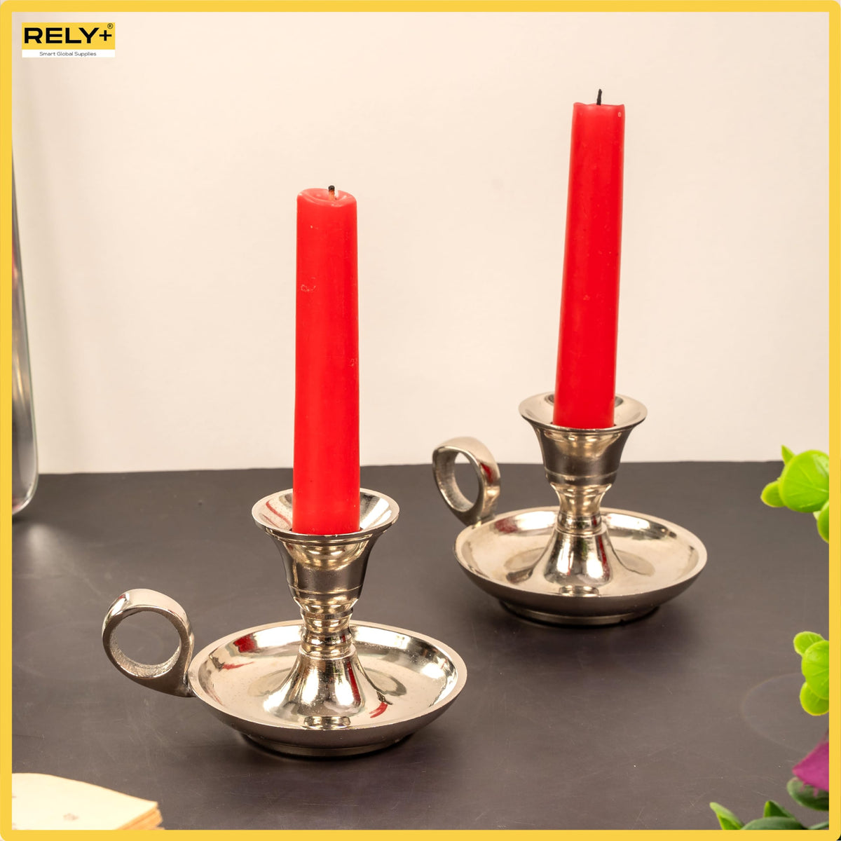Rely+ Candle Holders with Handle, Taper Candlestick Set of 2, Glossy Silver