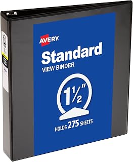 Avery Standard View 3 Ring Binder, 1.5" Round Rings, 1 Black Binder