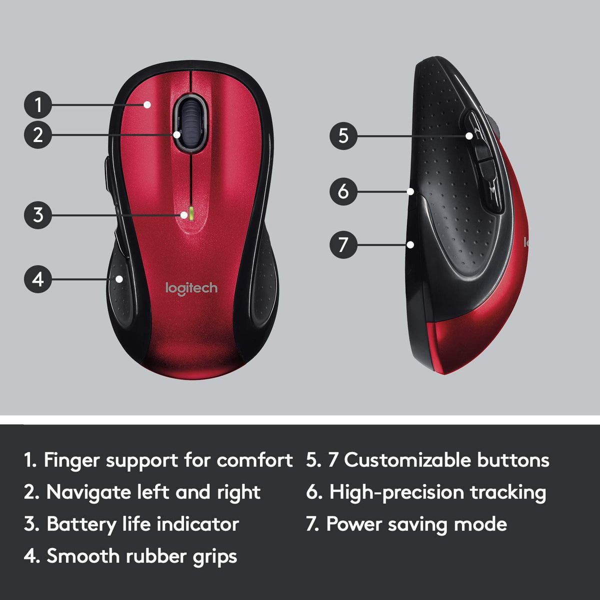 M510 Wireless Computer Mouse by Logitech – Rubber, Red, Model 910-004554
