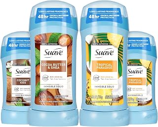 Suave Antiperspirant Deodorant for Women Variety 4-Pack – Tropical Paradise (2.6 Oz & 1.2 Oz), Cocoa Butter & Shea (2.6 Oz), and Coconut Kiss (1.2 Oz), Talc-Free Deodorant