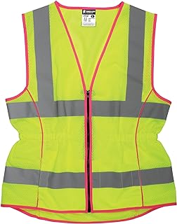 MCR Safety LVCL2MLS Ladies Sized Class 2 Lightweight Safety Vest, Silver Reflective Stripe, Zipper Front, Lime, Small