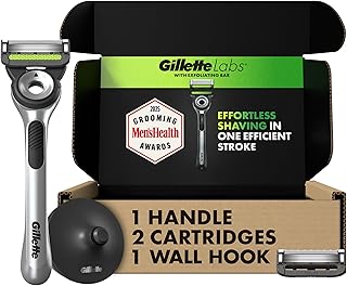 Gillette Labs Men's Razor Set, 1 Shower Hook, 1 Handle, 2 Blade Refills, Silver and Black