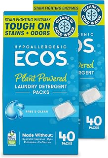 ECOS Laundry Detergent Packs, 80 Loads - 100% Plastic Free Packaging - Convenient No Mess Washing Soap Packs - Hypoallergenic for Sensitive Skin - Free & Clear