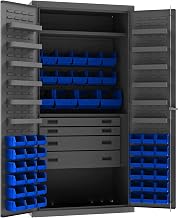 Durham 3501524RDR-5295 Lockable Cabinet with 52 Blue Hook-On Bins, 1 Adjustable Shelf, Flush Door Style, 1 Fixed Shelf, 4 Drawers, 12 Door Shelves, 36" Wide, 14 Gauge, Gray