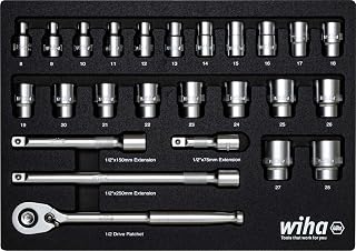 Wiha 338-91 Socket Set, 26 pcs Metric 1/2 Drive