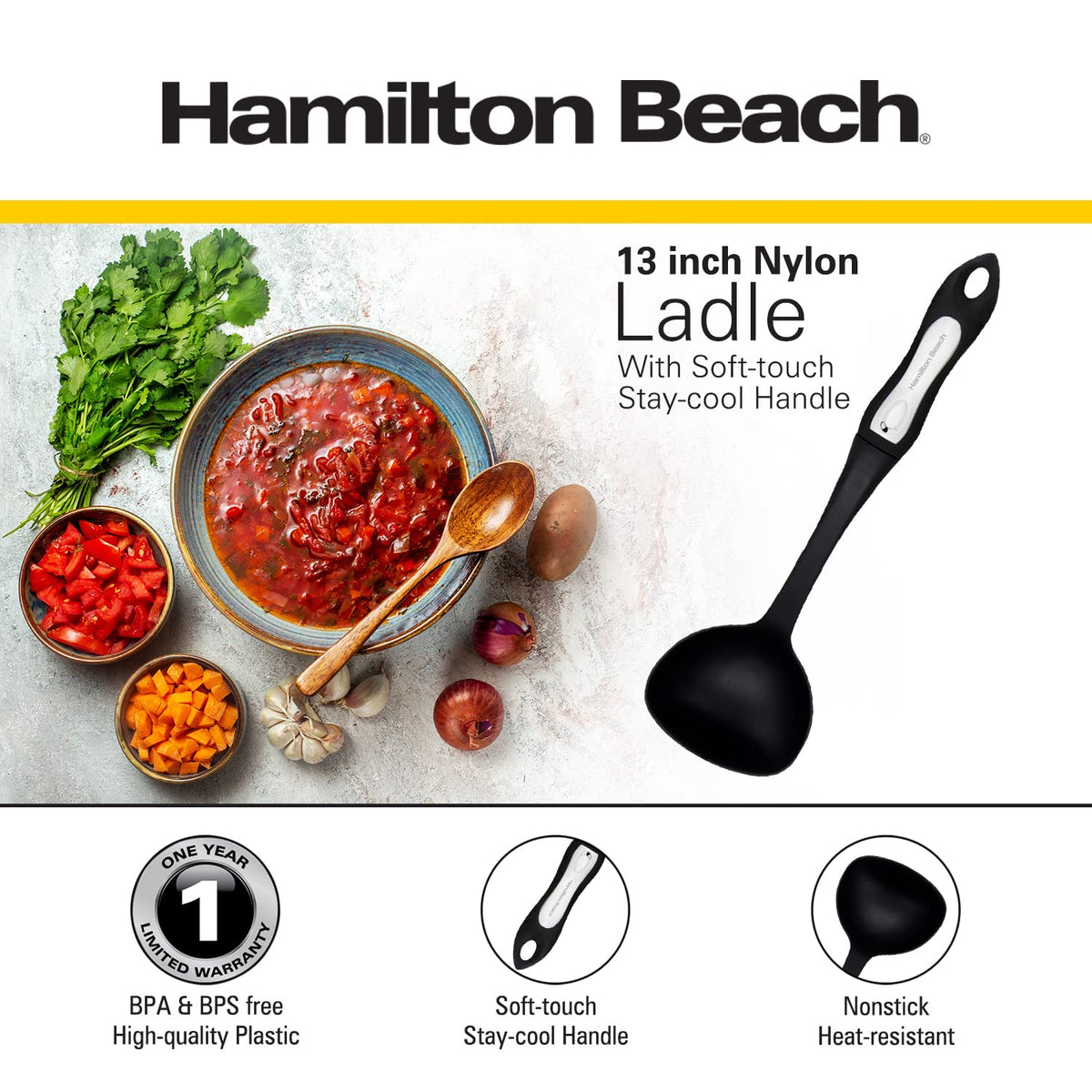Plastic Ladle Spoon for Cooking | Non-Slip Solid Long Nylon Soft Touch Handle 13 inch | Non-stick Heat Resistant | Hygienic Spatula Spoon Design for Soups by Hamilton Beach –