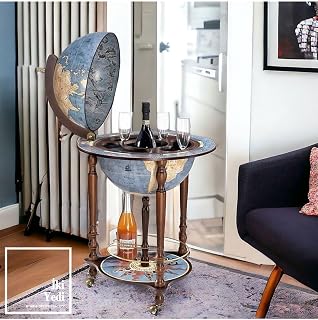 Bluedislas Globe Bar Cabinet with Wooden Stand - Vintage World Map Design Bar Cart, Wine Storage Globe with Serving Wheels, Blue