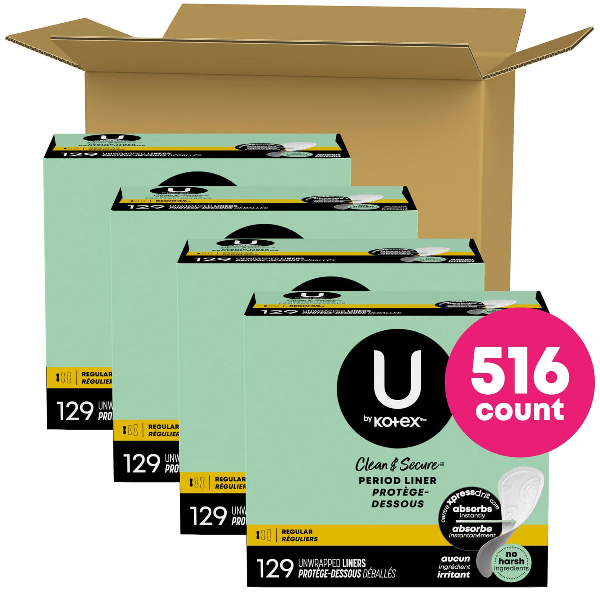 Clean & Secure Panty Liners by U by Kotex – 129 Count (Pack of 4), Rubber, White, Model 00036000490602