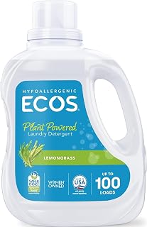 ECOS Laundry Detergent Liquid, 100 Loads - Dermatologist Tested Laundry Soap - Hypoallergenic, EPA Safer Choice Certified, Plant-Powered - Lemongrass, 100 Fl Oz