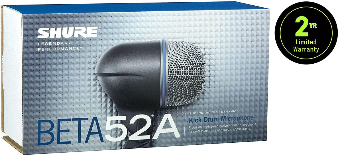 Kick Drum Microphone - Supercardioid Dynamic Mic with High Output Neodymium Element by Shure – 4.10, Alloy Steel, Silver, Model Beta 52A