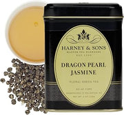 Harney & Sons Dragon Pearl Jasmine Loose Leaf Green Tea Tin, 4 oz | Hand-rolled Chinese green tea pearls scented with jasmine flowers. Contains caffeine.