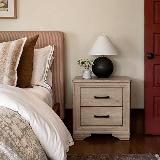 2-Drawer Nightstand, Natural Bedside Table, Mesa de Noche Natural Finish, 2 Dovetail Drawers, Black bar pulls, and Melamine Laminate for Organized Bedroom Storage.