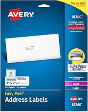 Avery Easy Peel® Printable Address Labels, Sure Feed® Technology, 1" x 2-5/8" Customizable Stickers, White, 750 Blank Mailing Labels, Great for Mailing, Shipping, and More (18260)