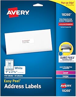 Avery Easy Peel® Printable Address Labels, Sure Feed® Technology, 1" x 2-5/8" Customizable Stickers, White, 750 Blank Mailing Labels, Great for Mailing, Shipping, and More (18260)