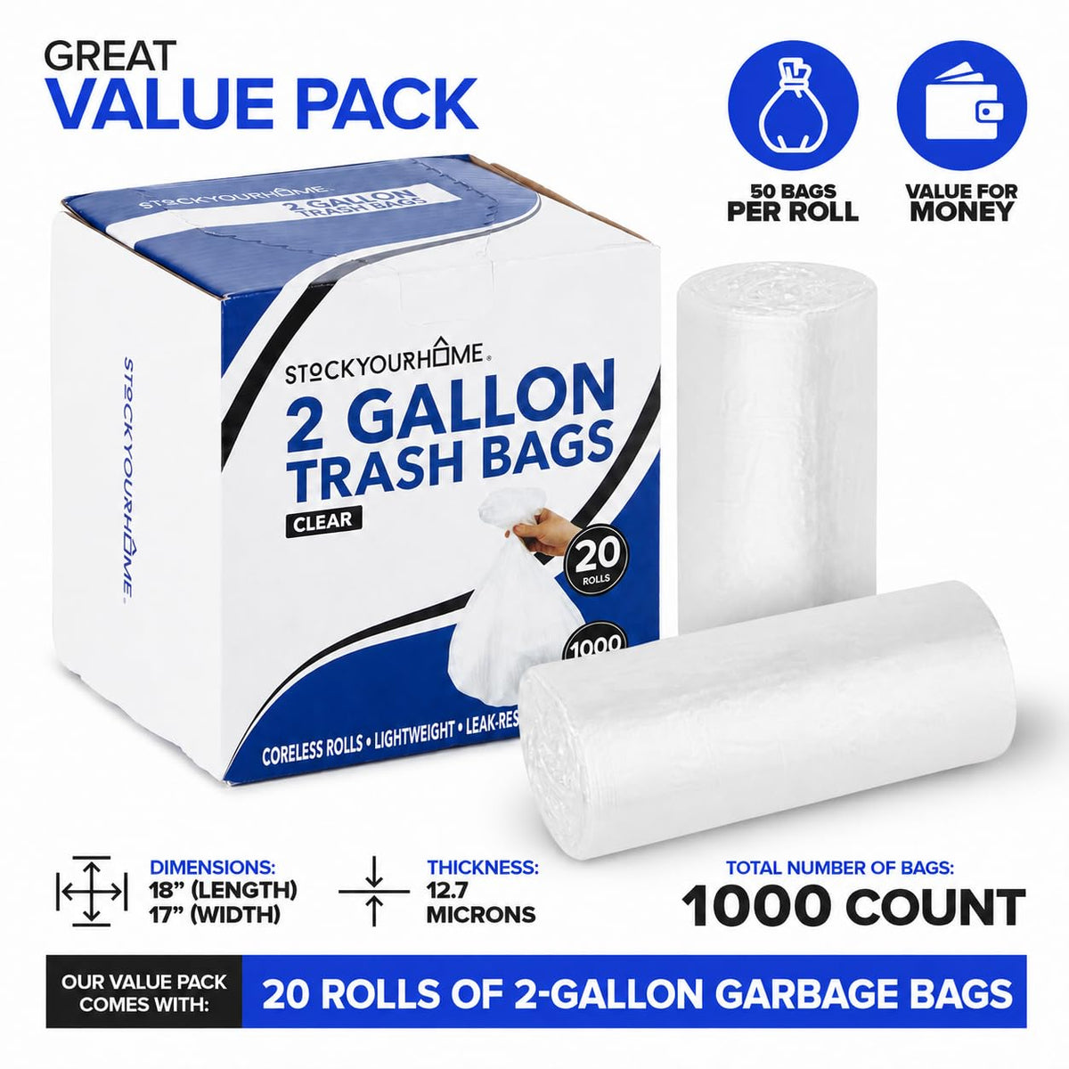Clear 2 Gallon Trash Bag (1000 Pack) Un-Scented Small Garbage Bags for Bathroom Can by Stock Your Home – 1 Count (Pack of 1000), 2.0 gallons, Clear, Model SYH-1851-5x-BDL