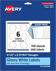 Avery Glossy White Hexagon Labels, Sure Feed® Technology, 2-1/2" x 2-57/64", 600 Glossy White Labels, Print-to-The-Edge, Permanent Adhesive, Laser/Inkjet Printable
