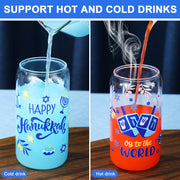 Layhit Hanukkah Glass Tumblers, 16 oz with Lids and Straws, Set of 6
