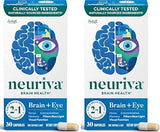 NEURIVA Brain + Eye Supplement for Memory, Focus & Concentration with Lutein & Vitamins A C E and Zinc for Eye Health & Zeaxanthin to Filter Blue Light, 30ct Capsules, (Pack of 2)
