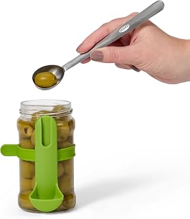 Chef'n FridgeFork Pro Collection Strainer Spoon for Olives, Cherries and Capers - Mess-Free Jar Snacking with Integrated Storage Caddy