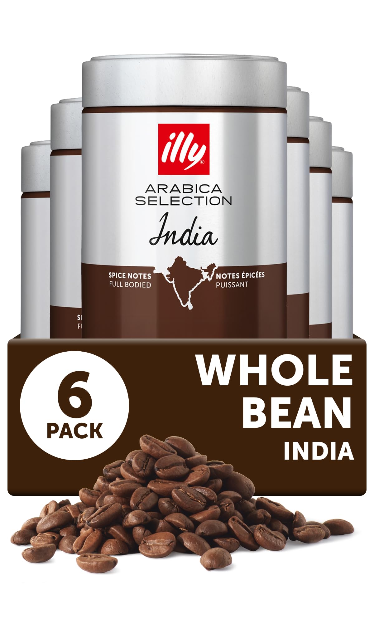 illy India Single Origin Dark Roast / 8.8 Ounce (Pack of 6) / Whole Bean Coffee