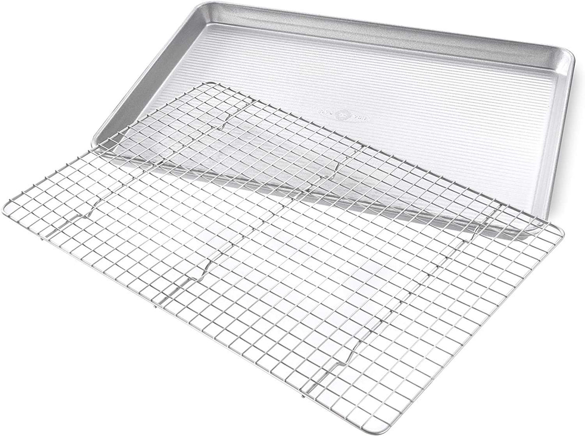 1607CR Bakeware Extra Large Sheet Baking Pan and Bakeable Nonstick Cooling Rack Set by USA Pan – Metal, Silver