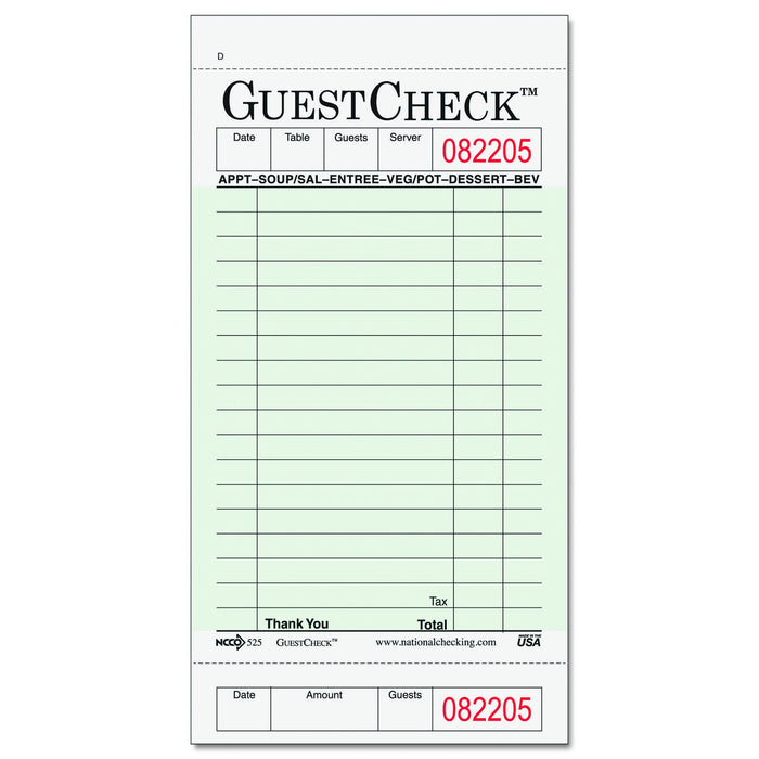 National Checking Company 525 Guest Check Pad, Receipt Stubs, 3 1/2 x 6 3/4, One-Part Carbonless, 50 Forms (Case of 2500 Sheets)