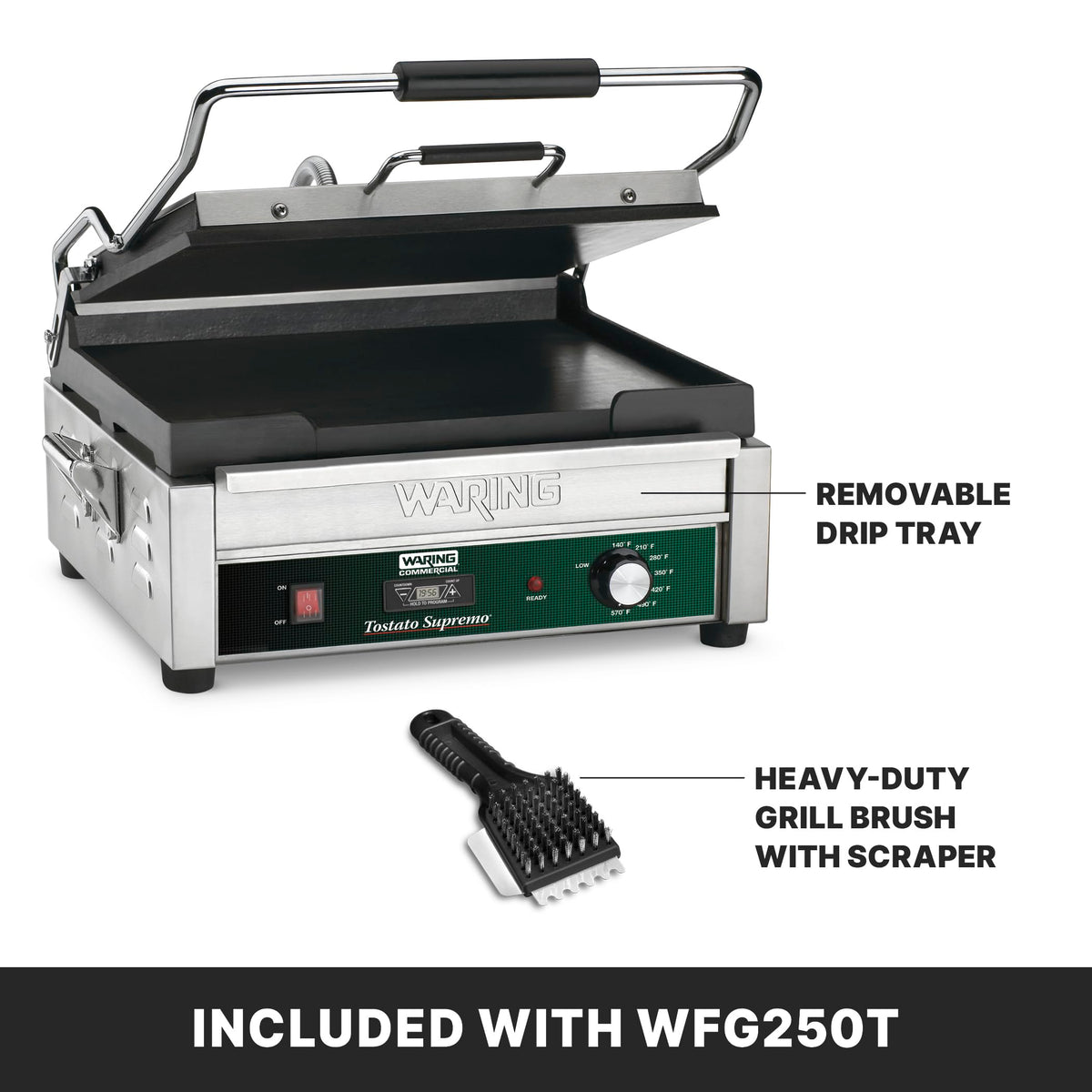 Panini Press with Timer by Waring – Compact Cooking Surface Machines, Cast Iron, Green, Model WFG250T