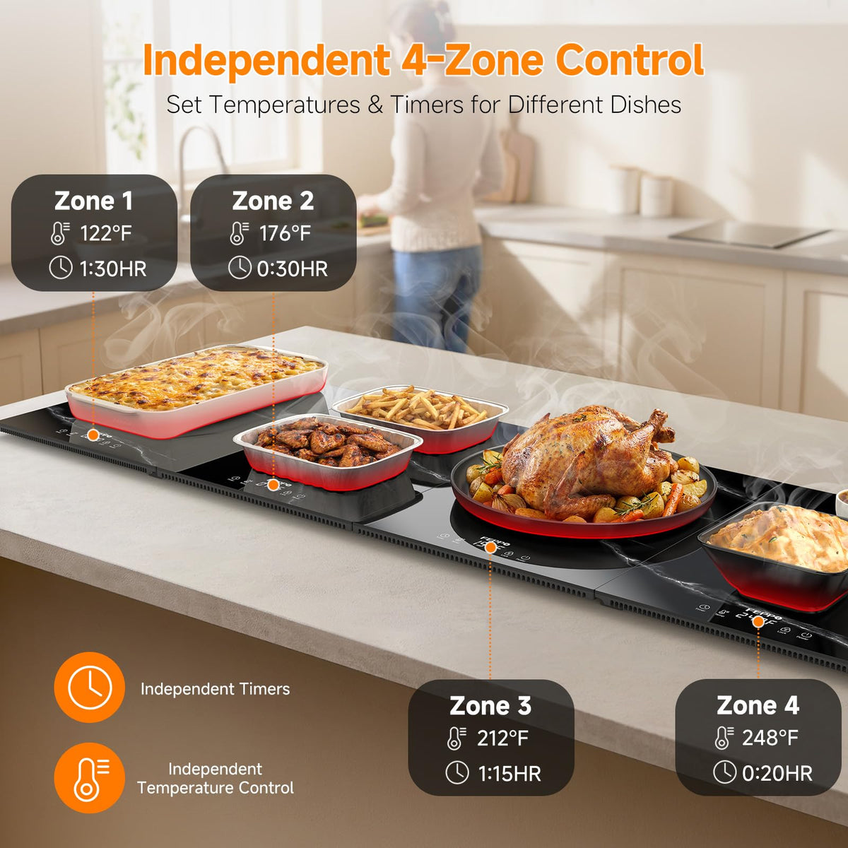 FEPPO Modular Warming Tray, 47x16 Inch Glass Surface, Marble Black