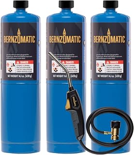 Bernzomatic BZ8250HT Reach Hose Torch, Trigger-Start Hose Torch with Included Holster For Fuel Canister, Red (8250 Torch + 3 Propane Bottles)