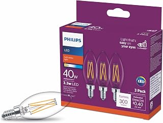 PHILIPS LED Clear Non-Dimmable B11 Light Bulb - EyeComfort Flicker Free - 3.3W = 40W, 300 Lumen - Soft White (2700K) - E12 Base - Indoor - Pack of 3