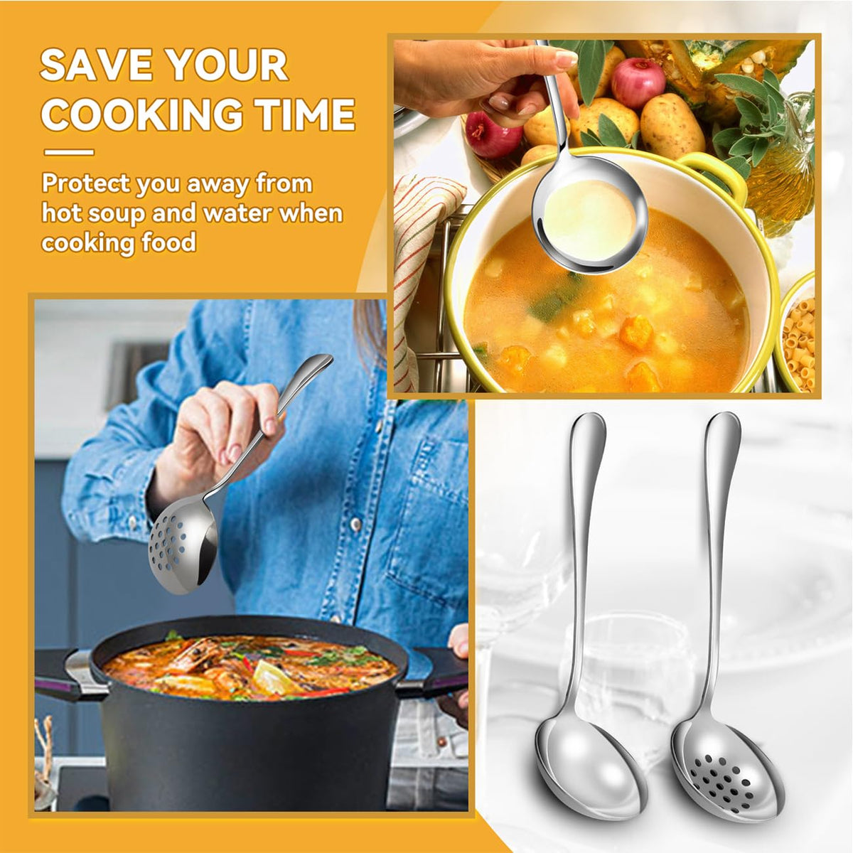 LifeMusican Serving Utensils Set, Large Stainless Steel, Silver 15 Pieces