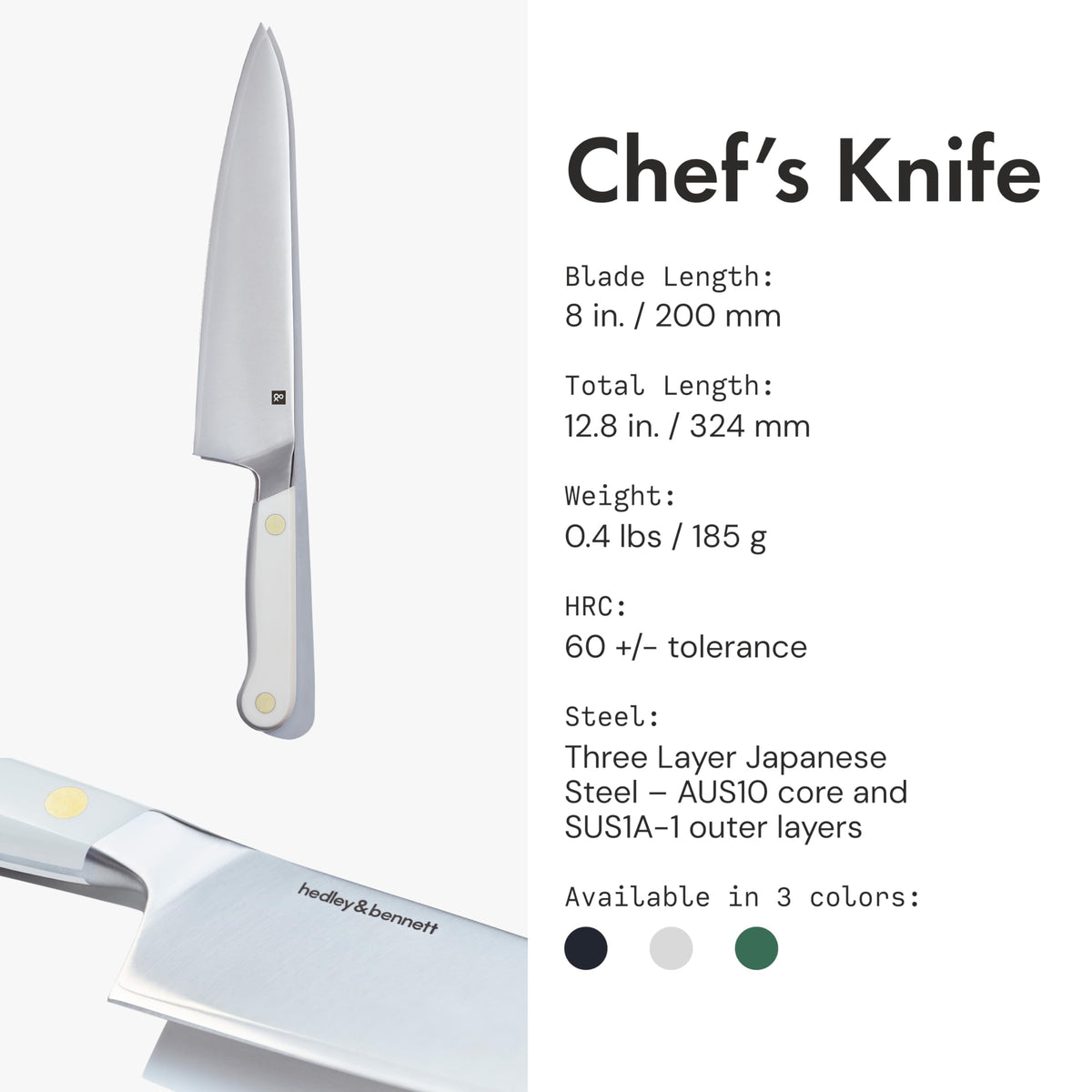 Professional Chef Knife by hedley & bennett – 8 inches, High Carbon Stainless Steel, Caviar, Model 810059948693