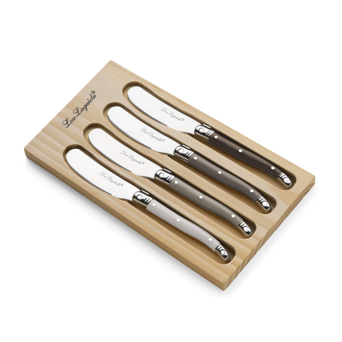 Tradition Wooden Set 4 Mixed Spreaders by Lou Laguiole – 6.25-Inch, Stainless Steel, Assorted, Model 2511MYWA00BB4