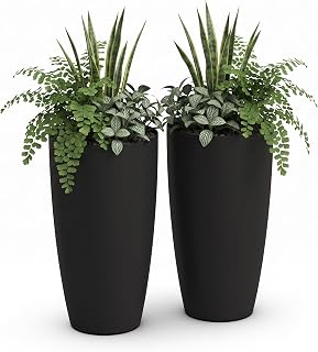Mayne Silo 22in Tall Round Planter with Drainage, Black, 2-Pack | Fade resistant, All Season, Removable planting tray, Drainage hole with plugs, Indoor/Outdoor use, 5-year warranty