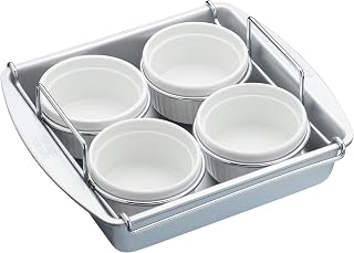 Chicago Metallic CMET77106 Professional Creme Brulee Set with Ramekin Dishes and Baking Tin, In Gift Box, Carbon Steel/Ceramic, 6 Pieces, beige