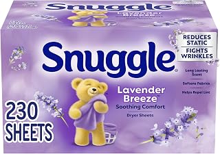 Snuggle Lavender Breeze Dryer Sheets, 230 Count | Long-Lasting Fresh Scent, Reduces Static and Wrinkles, Repels Pet Hair and Lint, HE Dryer Compatible