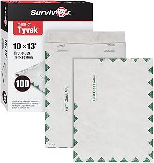 Quality Park Tyvek Envelopes, 100 Pack, Large 10 x 13 Envelopes, First Class Border, Easy-to-Open Tamper Evident Pull Strip, Rip, Puncture & Water Resistant Self Sealing Mailing Envelopes, White | Large format for documents, photos and reports, with no bulk. Peel-and-press self seal, moisture resistant, 100 per box.