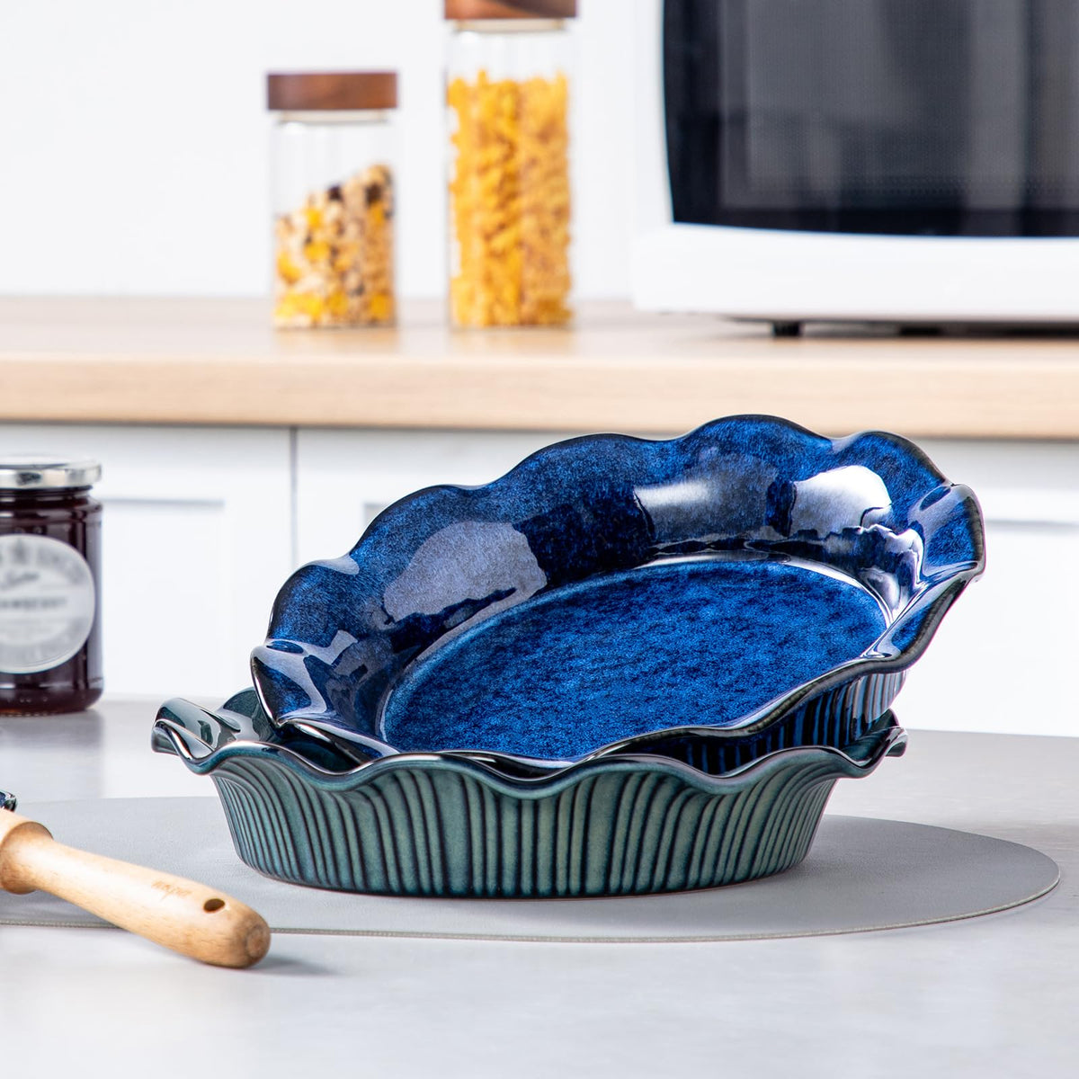 Vancasso Stoneware Pie Dish, 9 Inch Deep Ceramic Baker, Blue