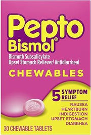 Pepto Bismol Upset Stomach Indigestion Nausea Heartburn and Diarrhea Relief Medicine 30 Chewable Tablets (Pack of 4) (Packaging May Vary) (OLD)